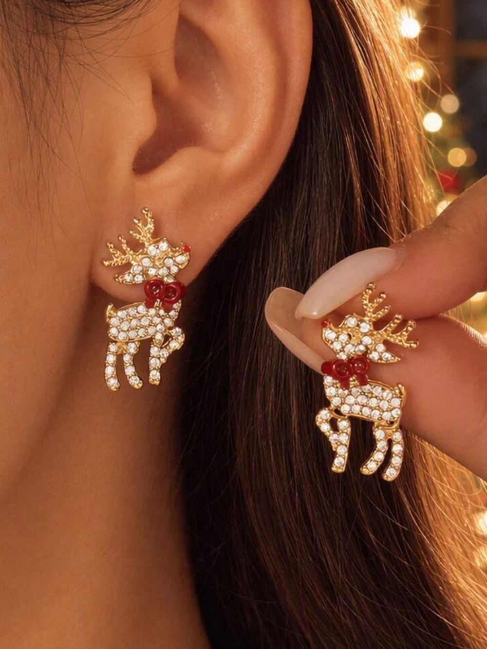 1 Pair Christmas Gift Tassel Pearl Rhinestone Deer Earrings